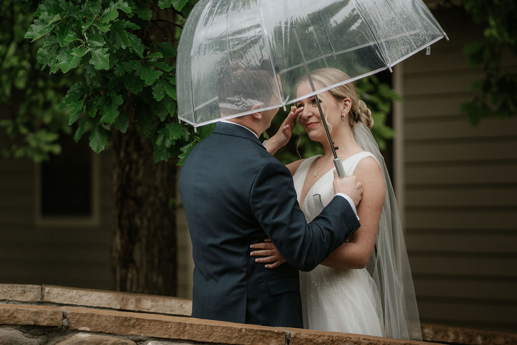 A bride wipes away tears while standing on a stone bridge with her groom under a clear umbrella at her hudson gardens wedding